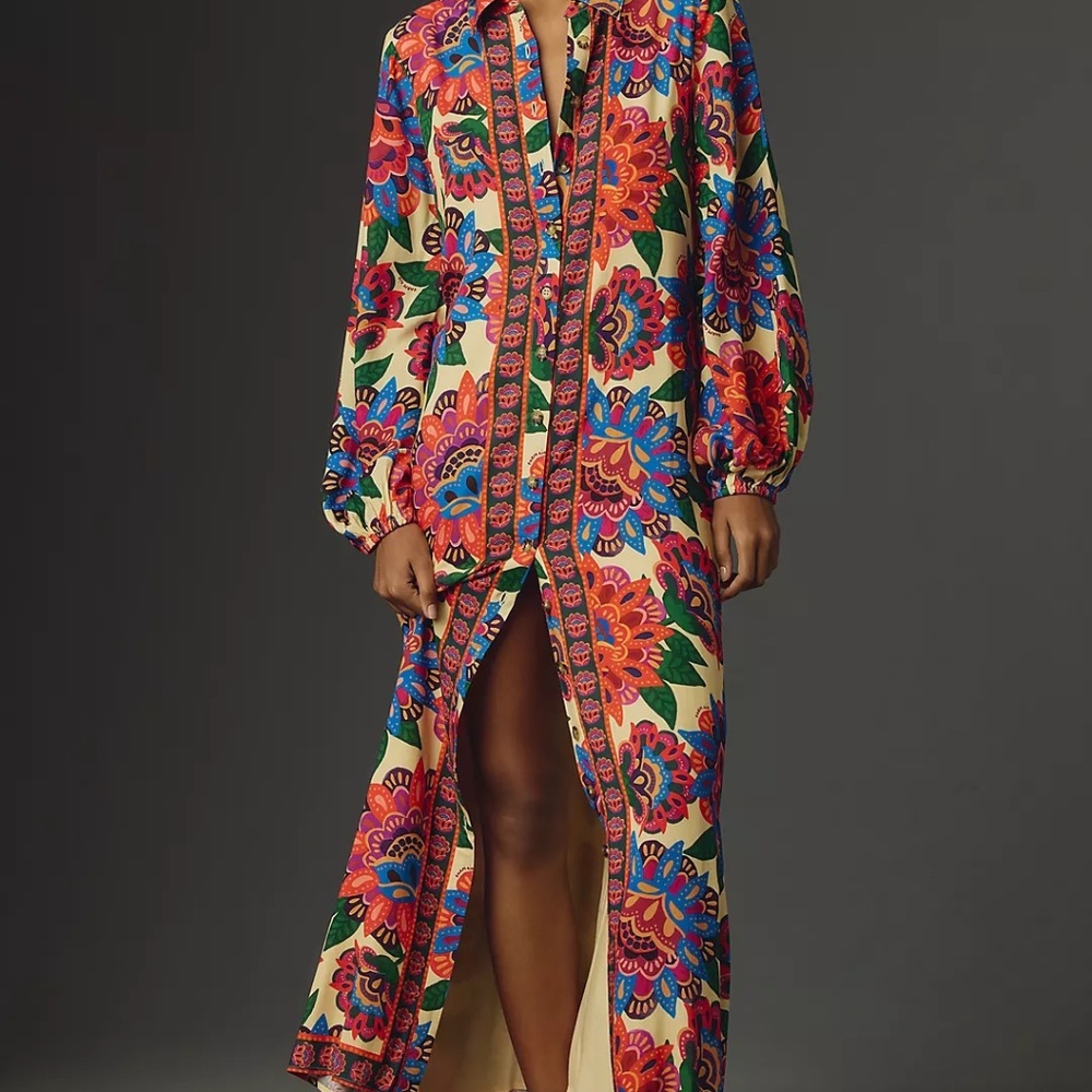 Farm Rio Long-Sleeve Button-Front Midi Dress